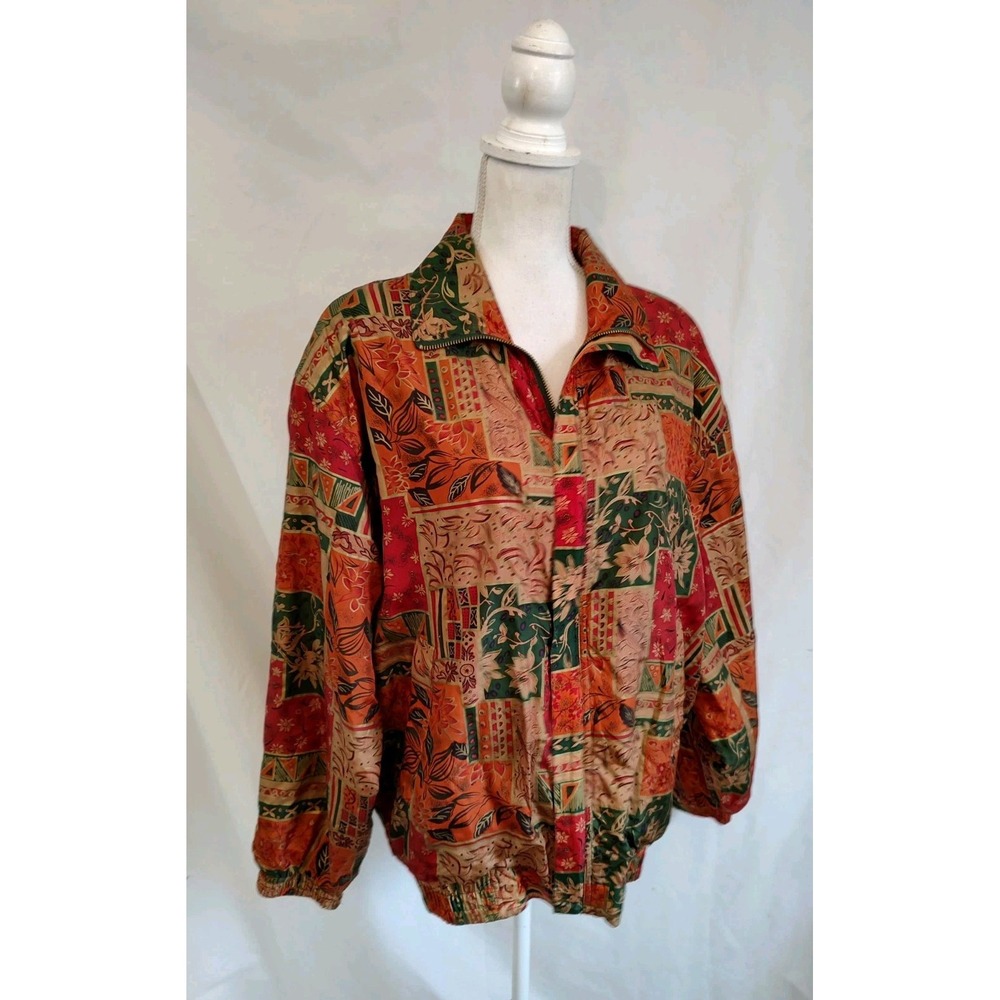90's Vintage Bomber Jacket coAco 100% Silk Patchwork Jewel Tones Floral  Sz L